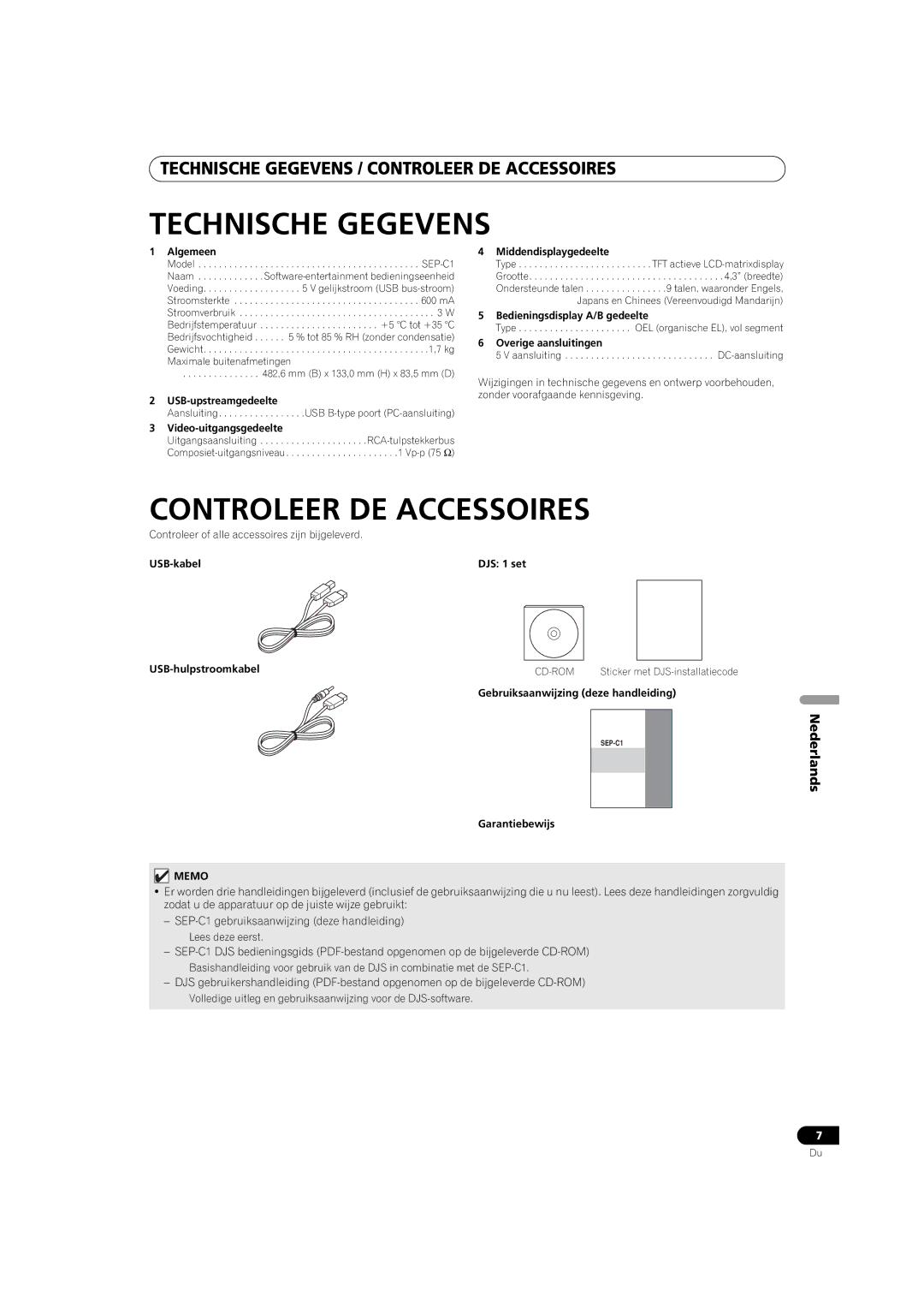 Pioneer SEP-C1 operating instructions Technische Gegevens, Controleer DE Accessoires 