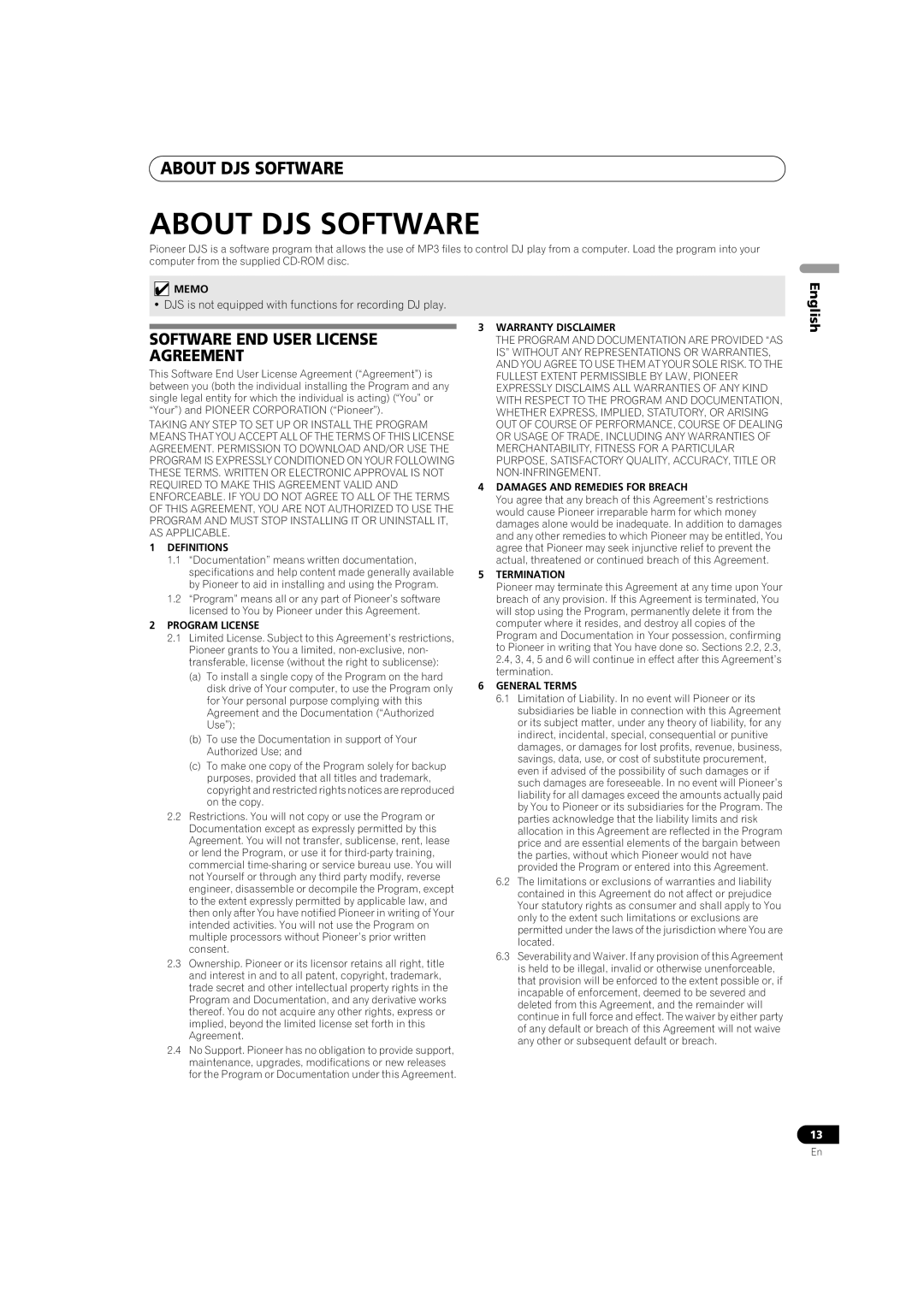 Pioneer SEP-C1 operating instructions About DJS Software, Software END User License Agreement 