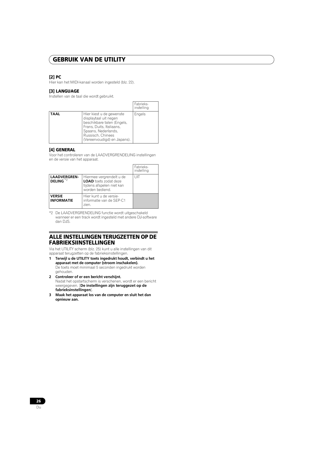 Pioneer SEP-C1 operating instructions Alle Instellingen Terugzetten OP DE Fabrieksiinstellingen 