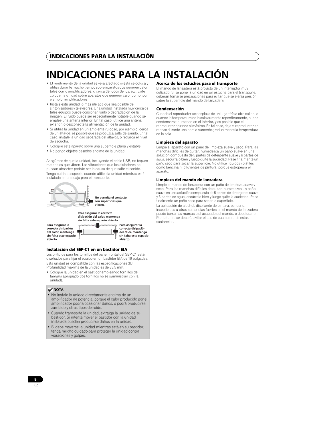 Pioneer SEP-C1 operating instructions Indicaciones Para LA Instalación 