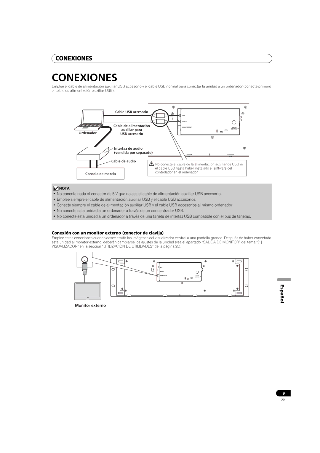 Pioneer SEP-C1 operating instructions Conexiones, Conexión con un monitor externo conector de clavija, Monitor externo 