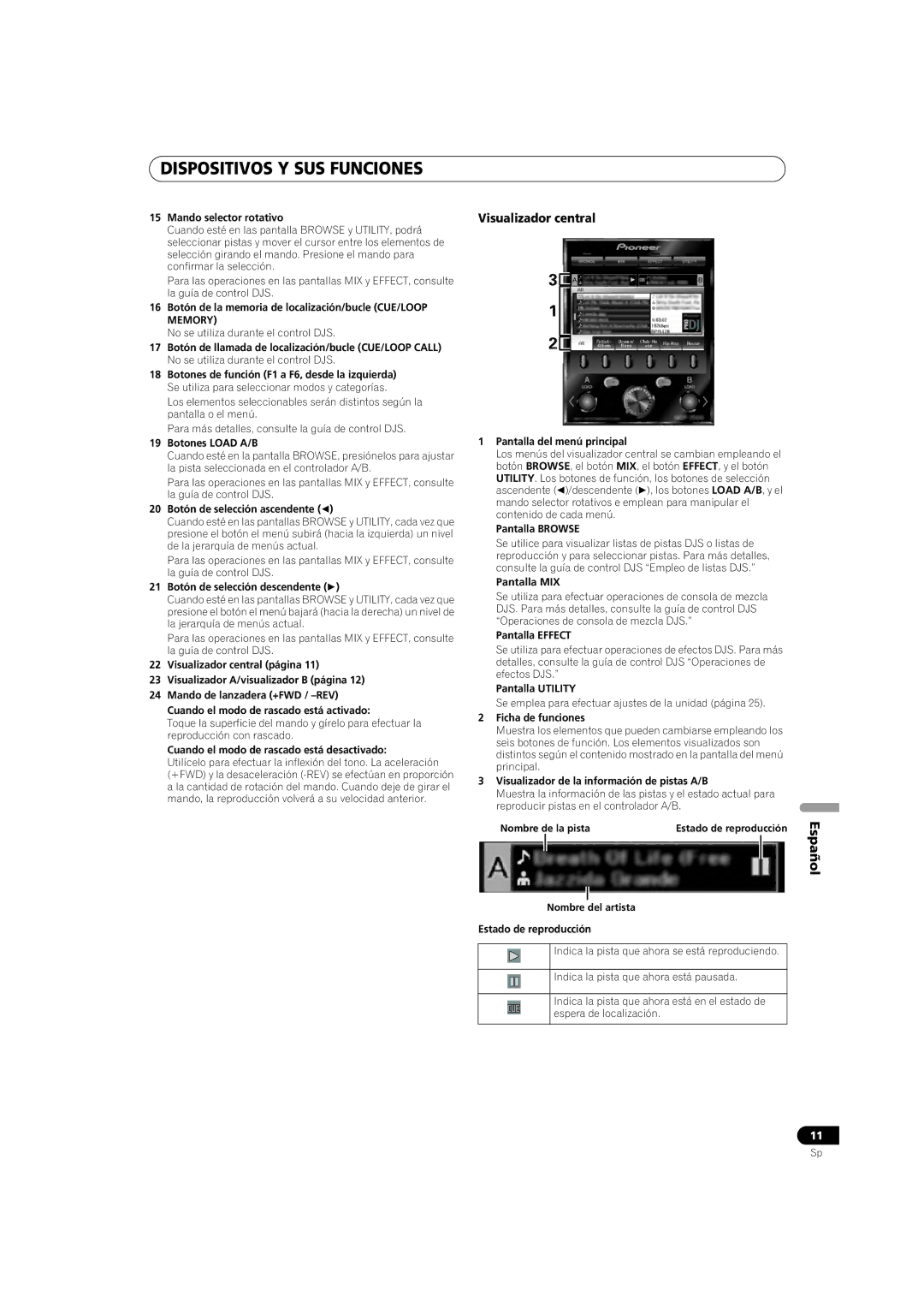 Pioneer SEP-C1 operating instructions Visualizador central, Memory 