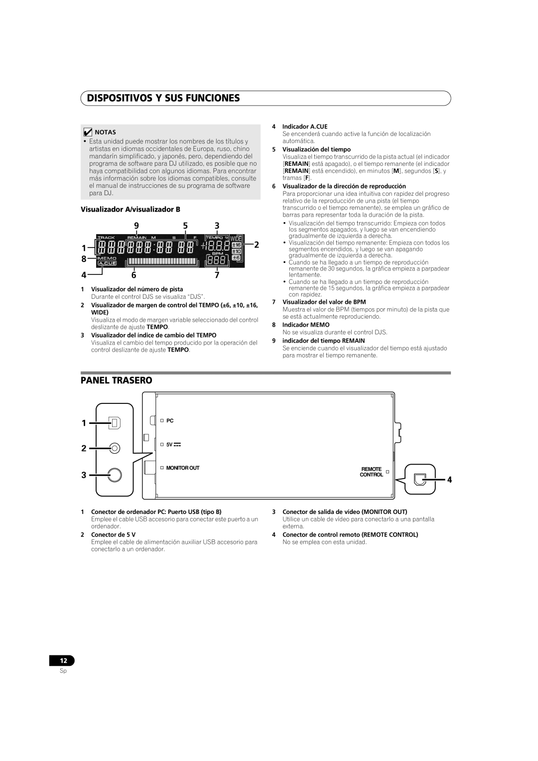 Pioneer SEP-C1 operating instructions Panel Trasero, Visualizador A/visualizador B 