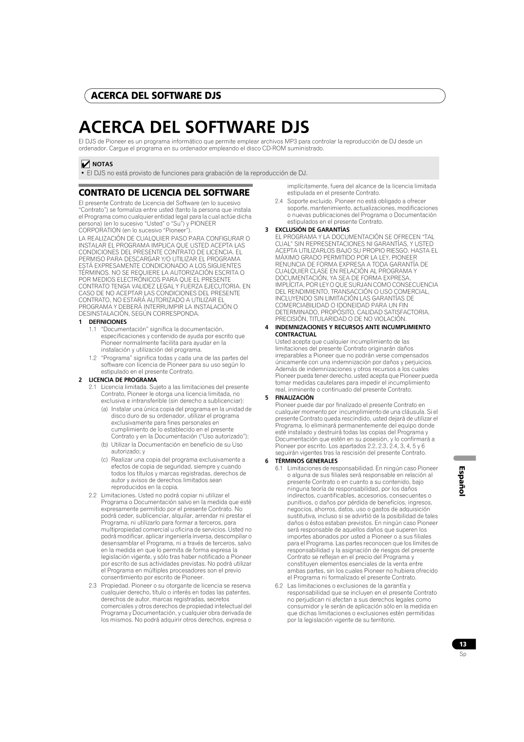 Pioneer SEP-C1 operating instructions Acerca DEL Software DJS, Contrato DE Licencia DEL Software 