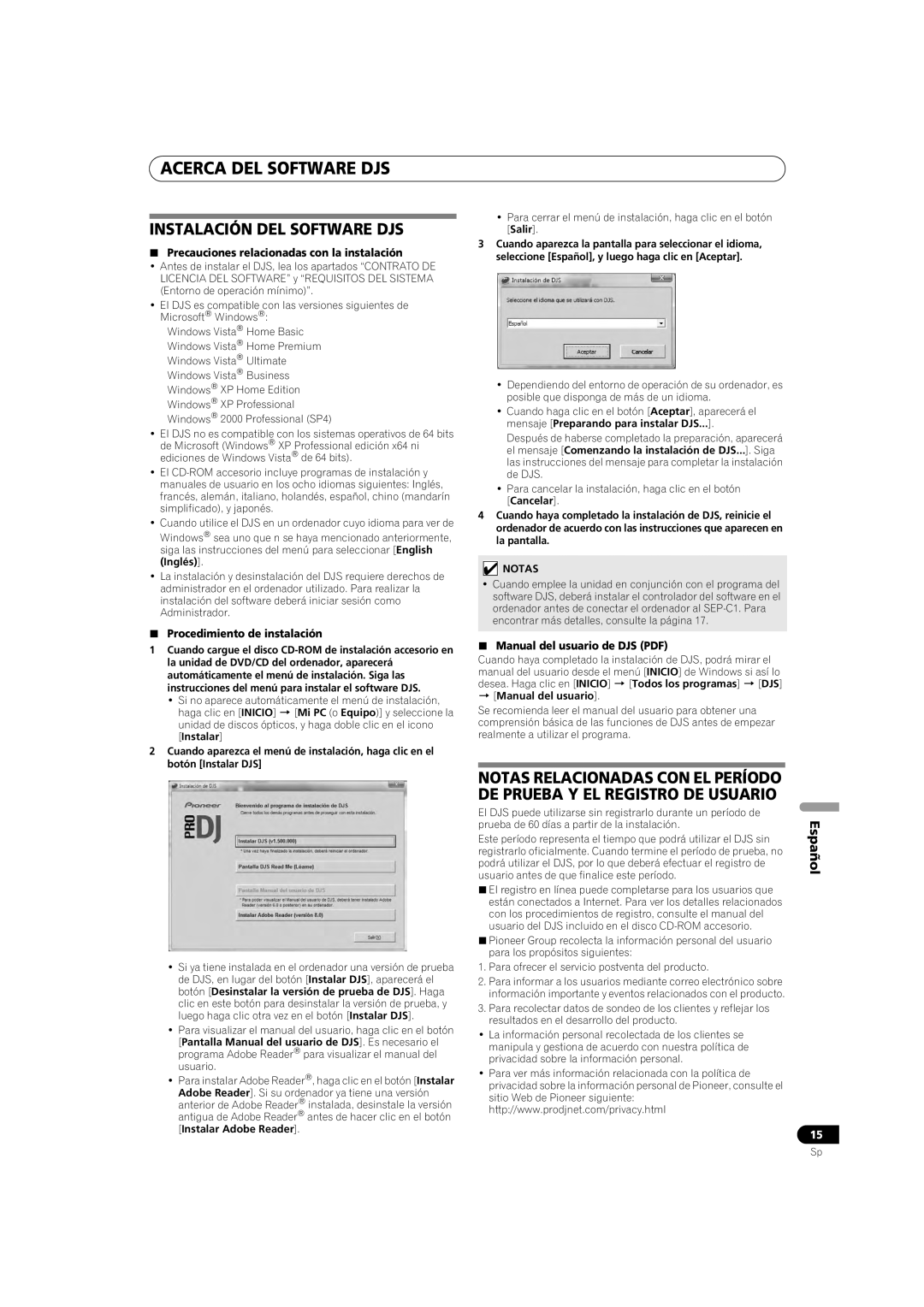 Pioneer SEP-C1 Instalación DEL Software DJS,  Precauciones relacionadas con la instalación,  Manual del usuario 