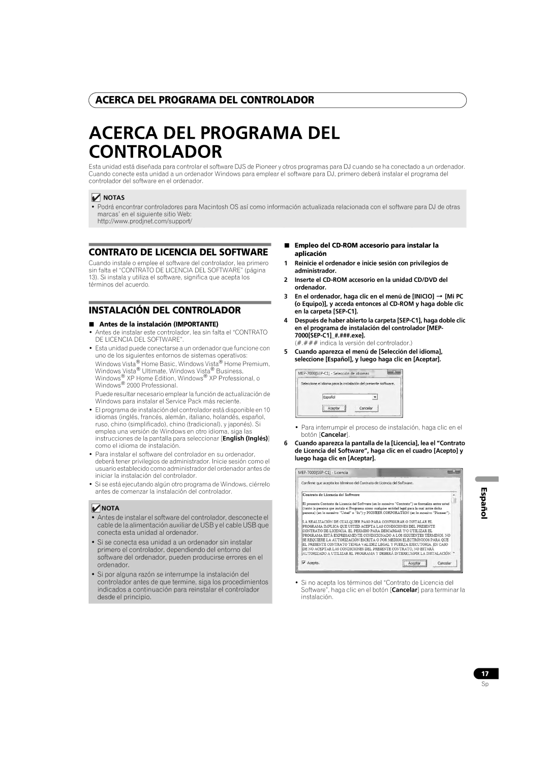 Pioneer SEP-C1 Acerca DEL Programa DEL Controlador, Instalación DEL Controlador,  Antes de la instalación Importante 