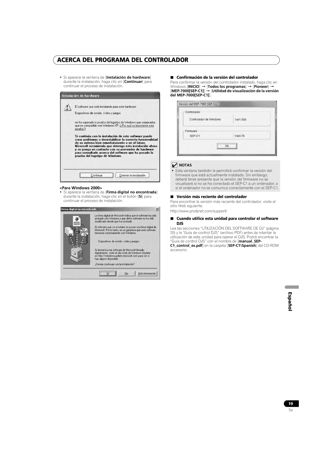 Pioneer SEP-C1 operating instructions  Confirmación de la versión del controlador,  Versión más reciente del controlador 