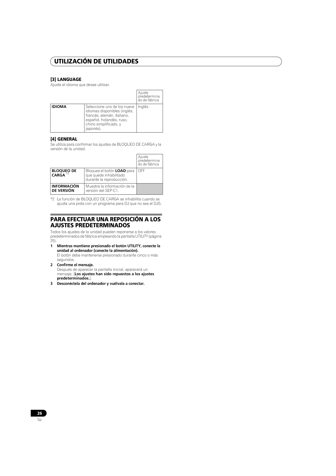 Pioneer SEP-C1 operating instructions Para Efectuar UNA Reposición a LOS Ajustes Predeterminados 