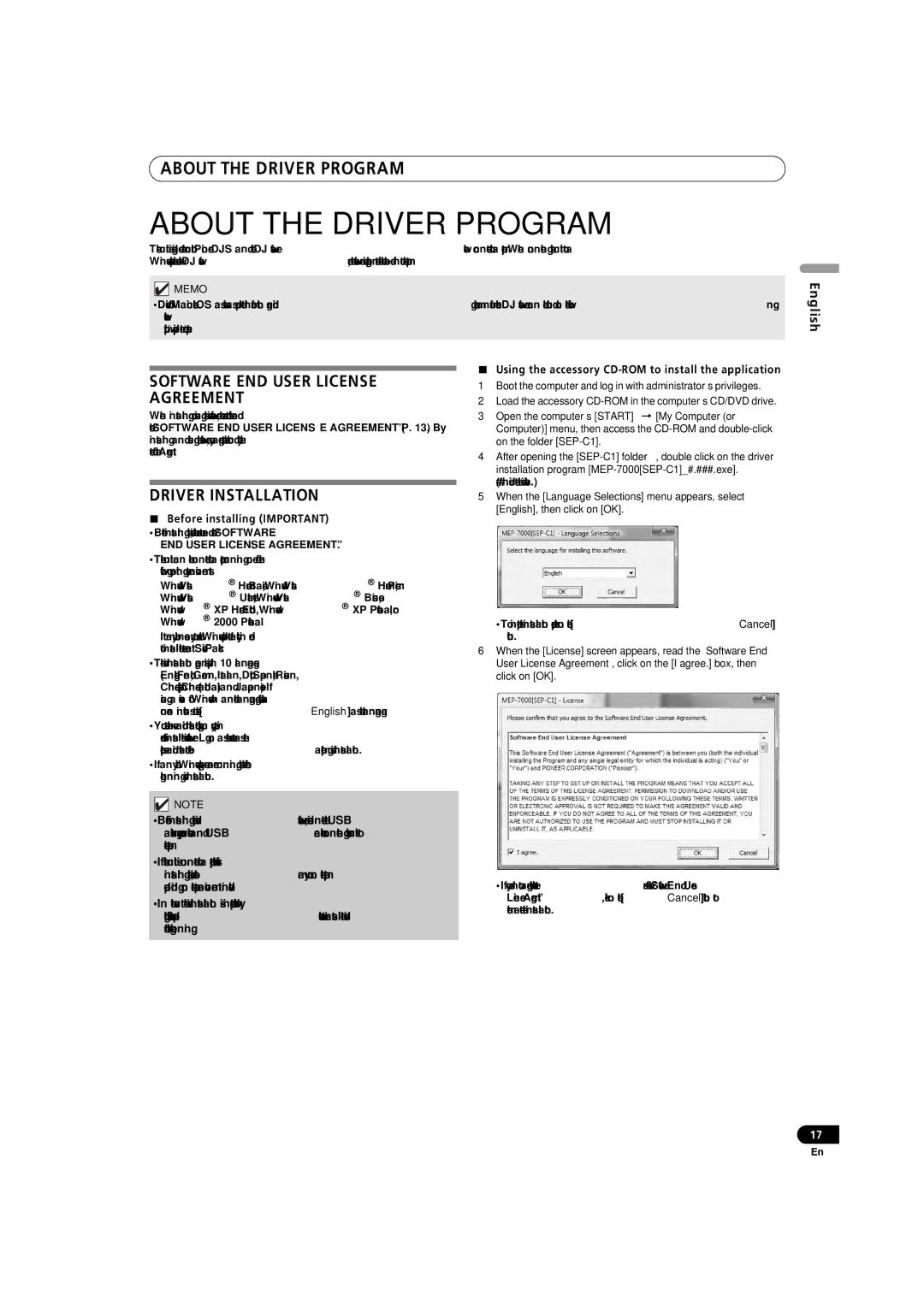 Pioneer SEP-C1 operating instructions About the Driver Program, Driver Installation,  Before installing Important 