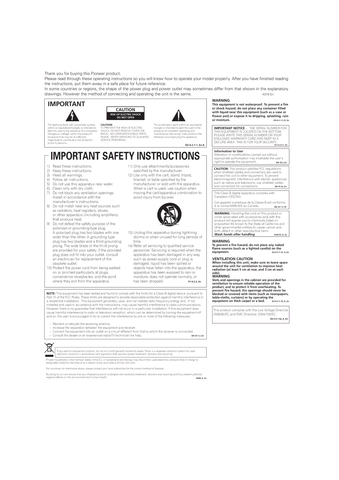 Pioneer SEP-C1 operating instructions Ventilation Caution, Risk of Electric Shock Do not Open 