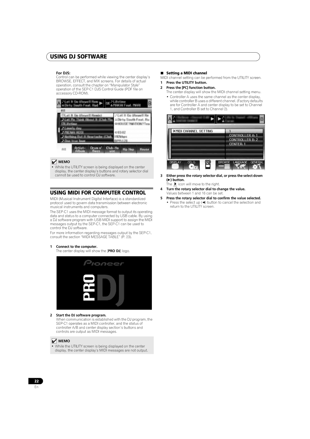 Pioneer SEP-C1 operating instructions Using Midi for Computer Control, For DJS,  Setting a Midi channel 