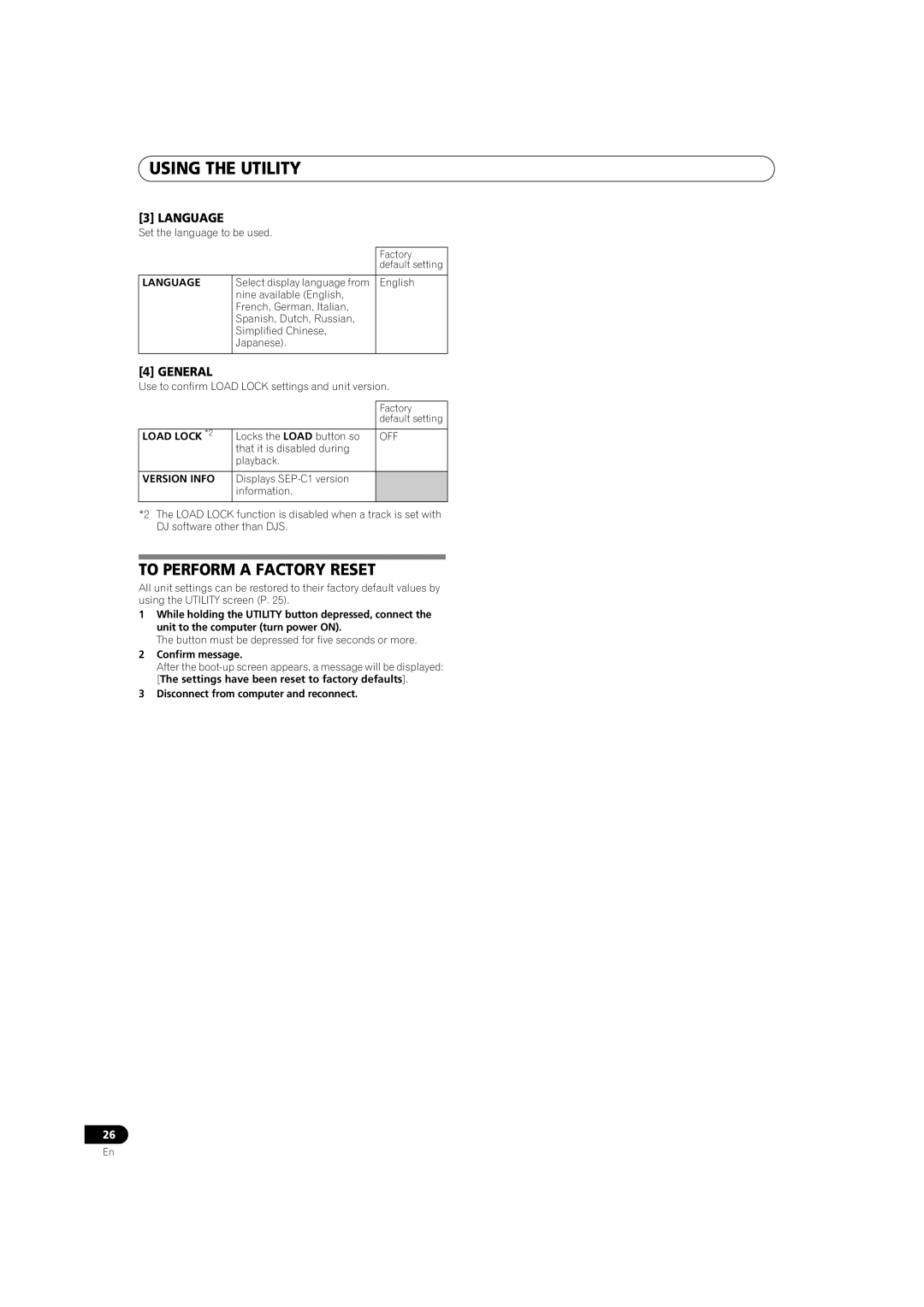 Pioneer SEP-C1 operating instructions To Perform a Factory Reset, Language, General 