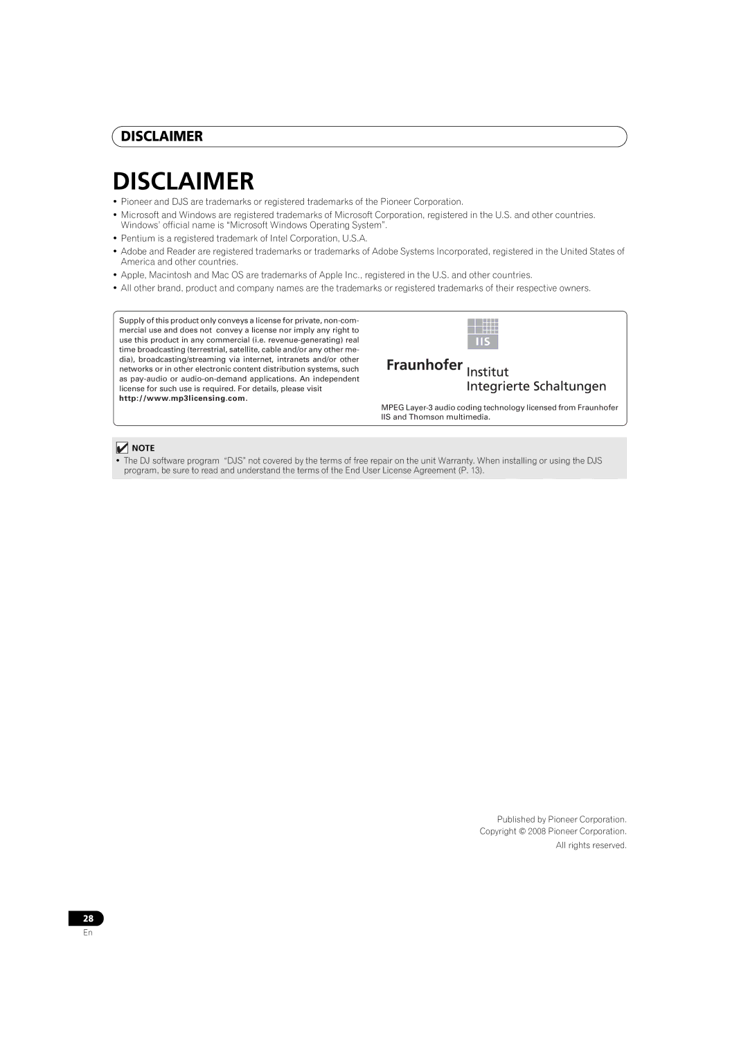 Pioneer SEP-C1 operating instructions Disclaimer 