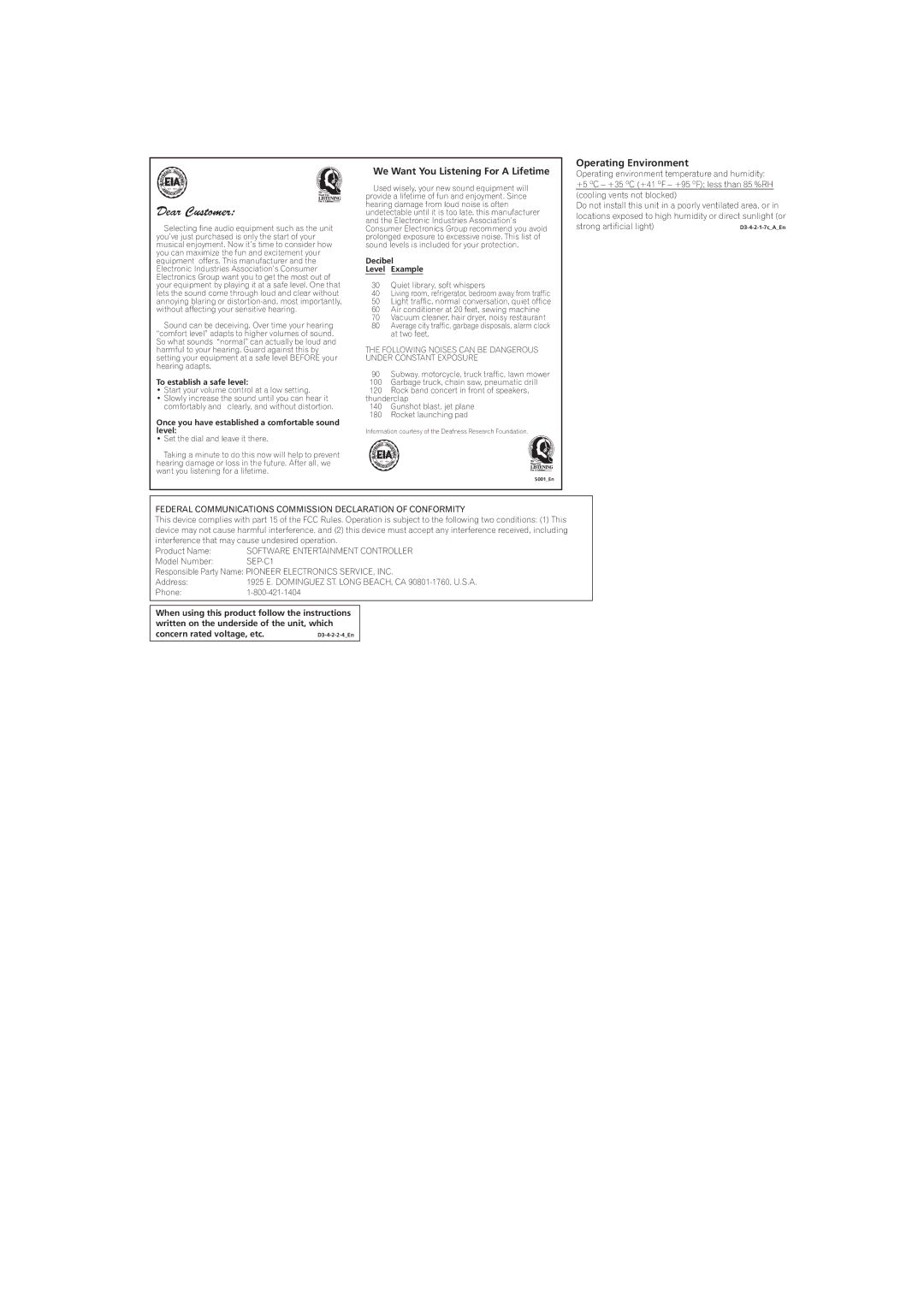 Pioneer SEP-C1 operating instructions Operating Environment, To establish a safe level 