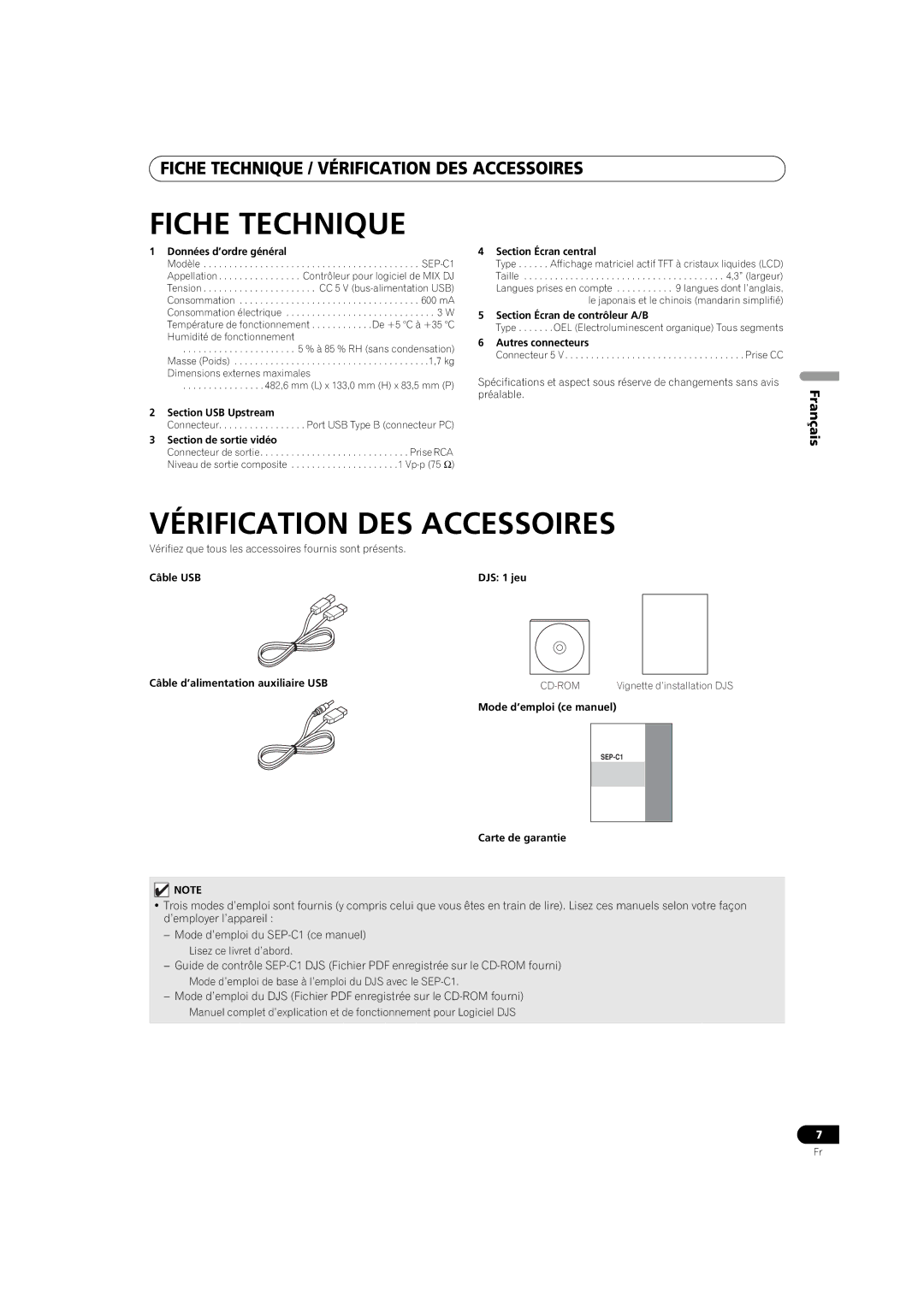 Pioneer SEP-C1 operating instructions Fiche Technique, Vérification DES Accessoires 