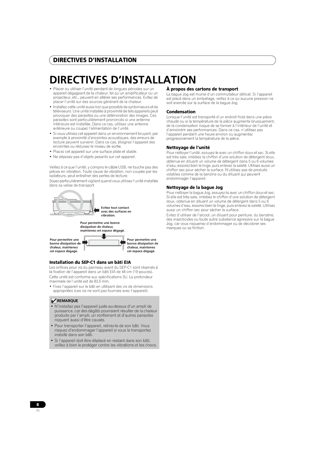 Pioneer SEP-C1 Directives D’INSTALLATION, Propos des cartons de transport, Nettoyage de l’unité, Nettoyage de la bague Jog 