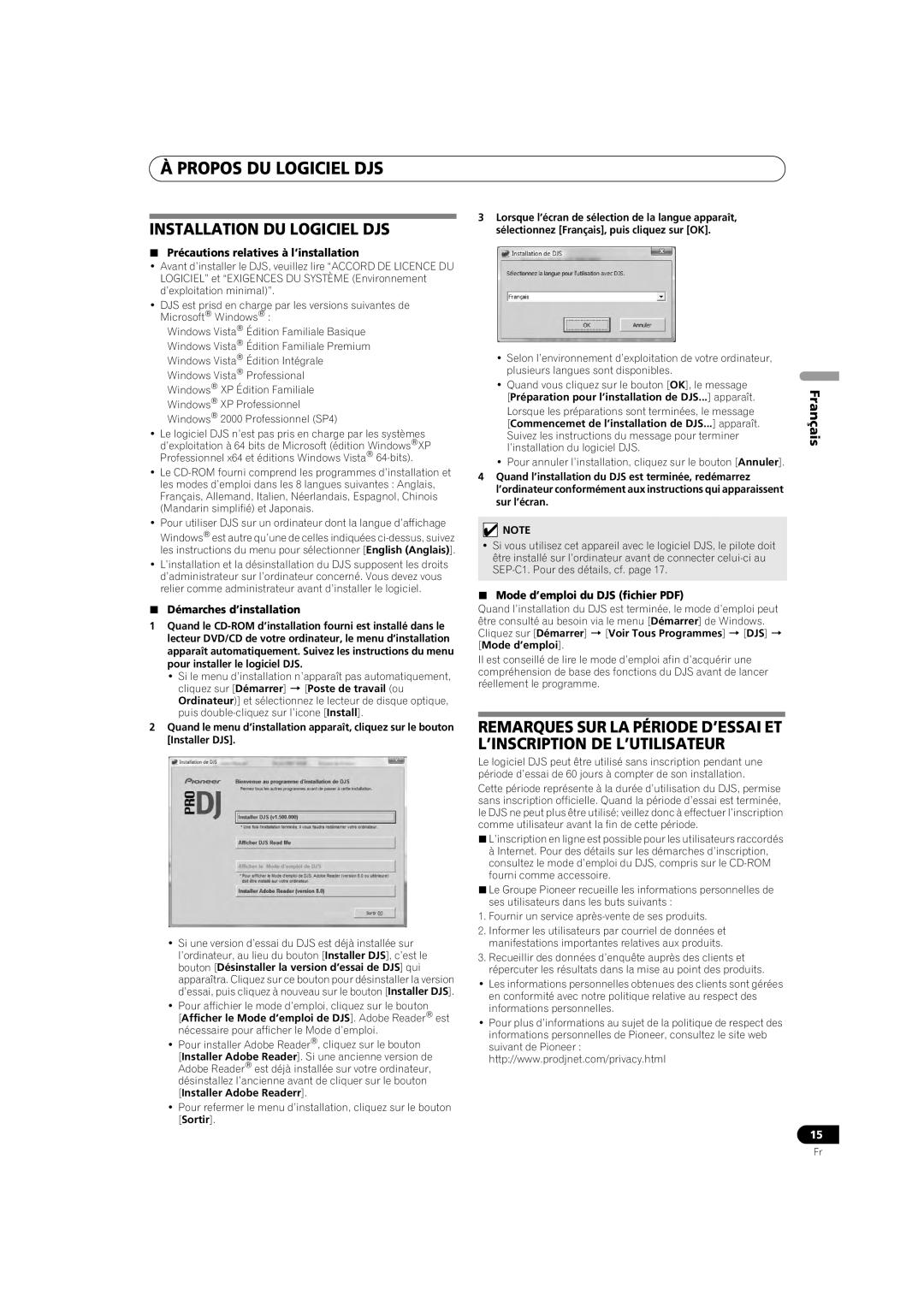 Pioneer SEP-C1 Installation DU Logiciel DJS,  Précautions relatives à l’installation,  Démarches d’installation 