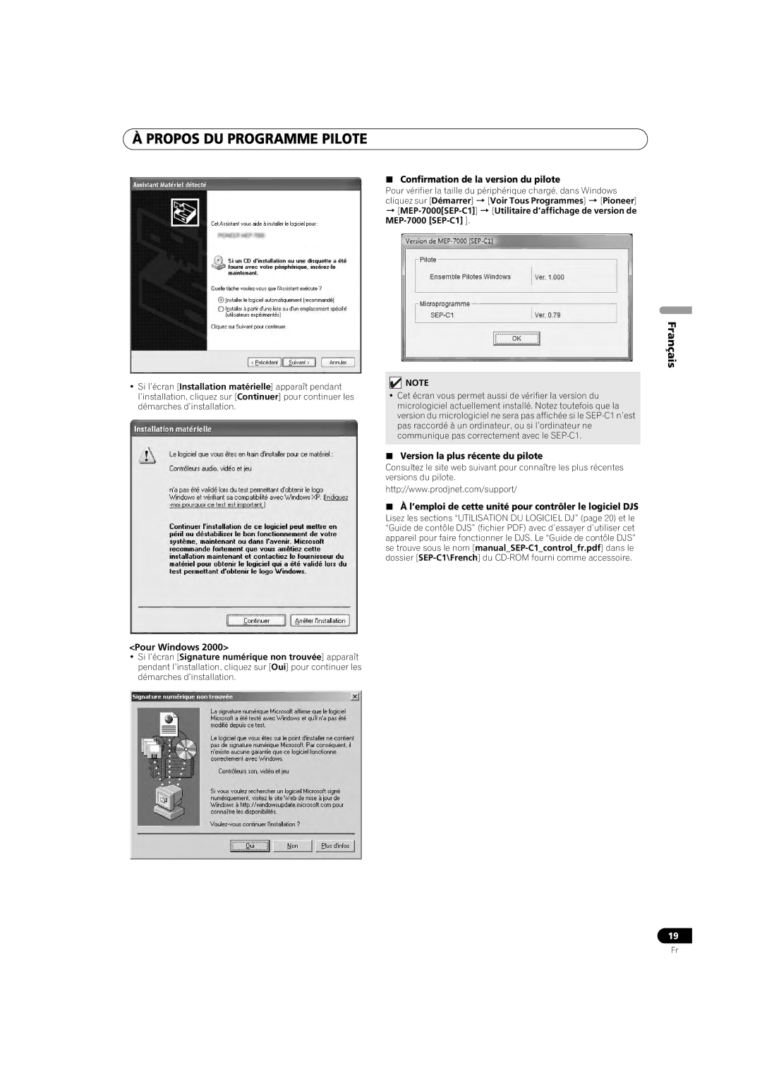 Pioneer SEP-C1 operating instructions  Confirmation de la version du pilote,  Version la plus récente du pilote 