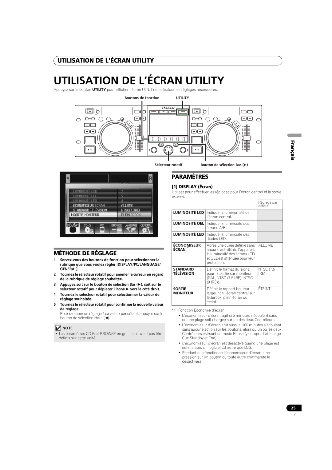 Pioneer SEP-C1 operating instructions Utilisation DE L’ÉCRAN Utility, Méthode DE Réglage, Paramètres, Display Écran 