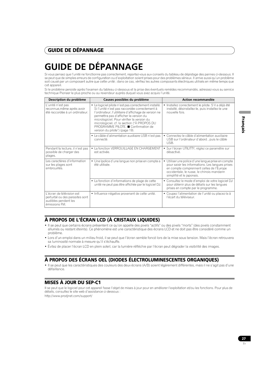 Pioneer Guide DE Dépannage, Propos DE L’ÉCRAN LCD À Cristaux Liquides, Mises À Jour DU SEP-C1, Usb 