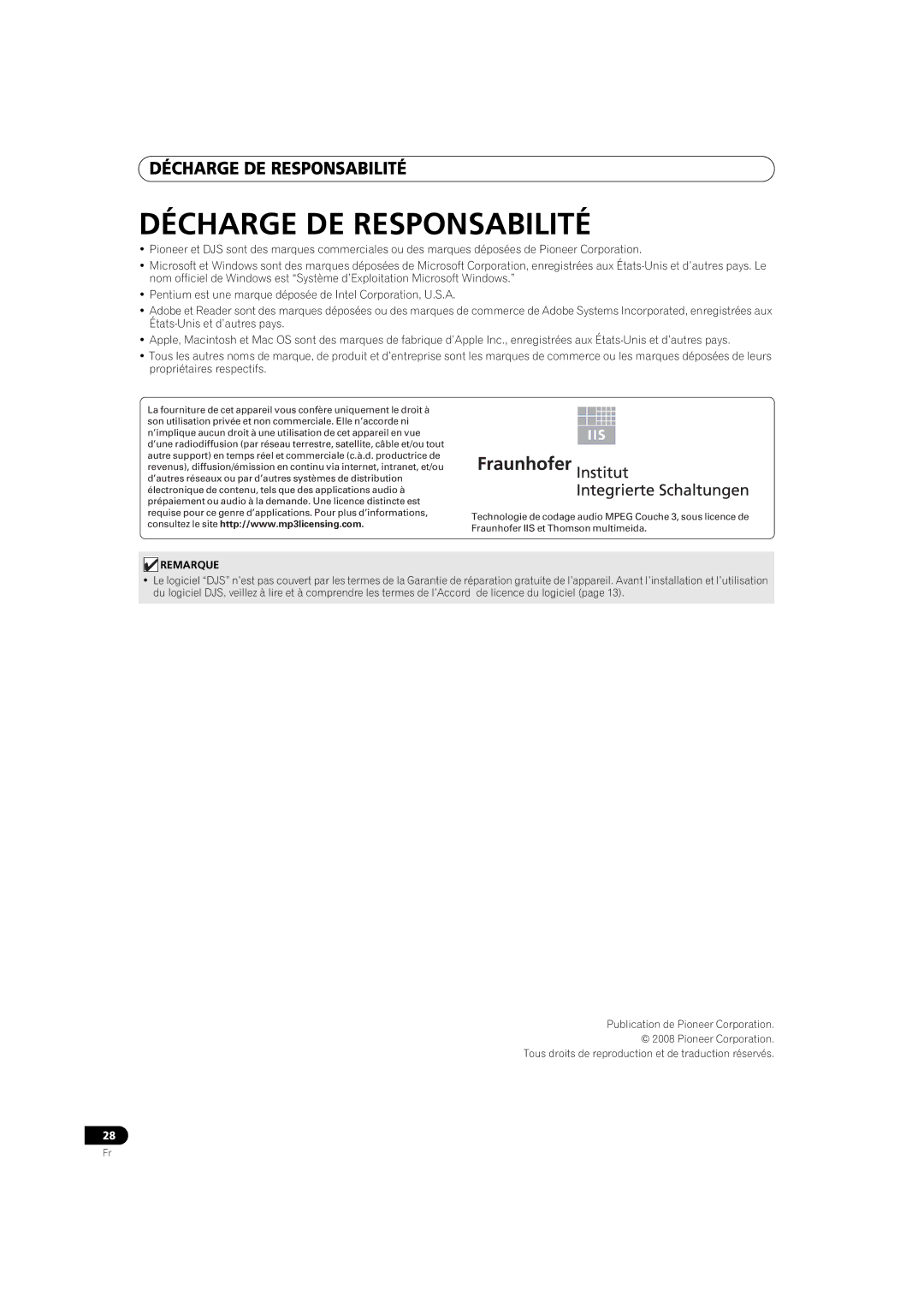 Pioneer SEP-C1 operating instructions Décharge DE Responsabilité, Remarque 