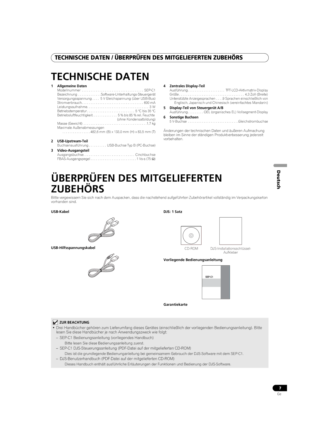 Pioneer SEP-C1 operating instructions Technische Daten, Überprüfen DES Mitgelieferten Zubehörs, Cd-Rom 