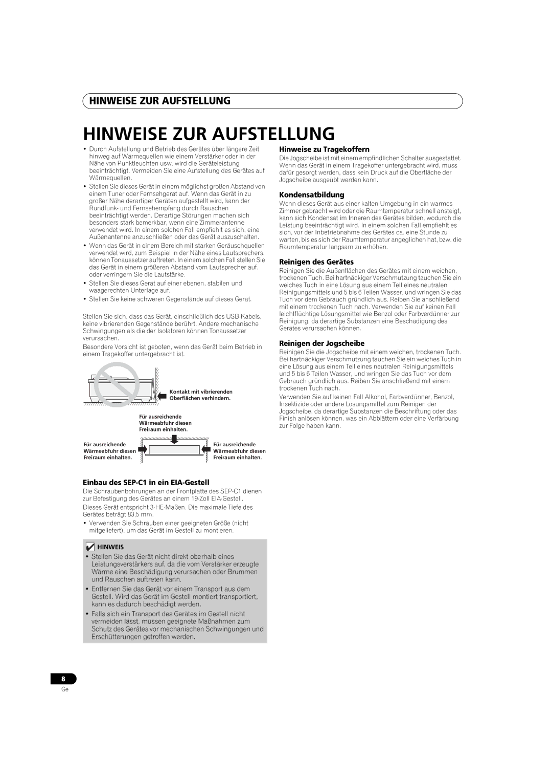 Pioneer SEP-C1 operating instructions Hinweise ZUR Aufstellung 