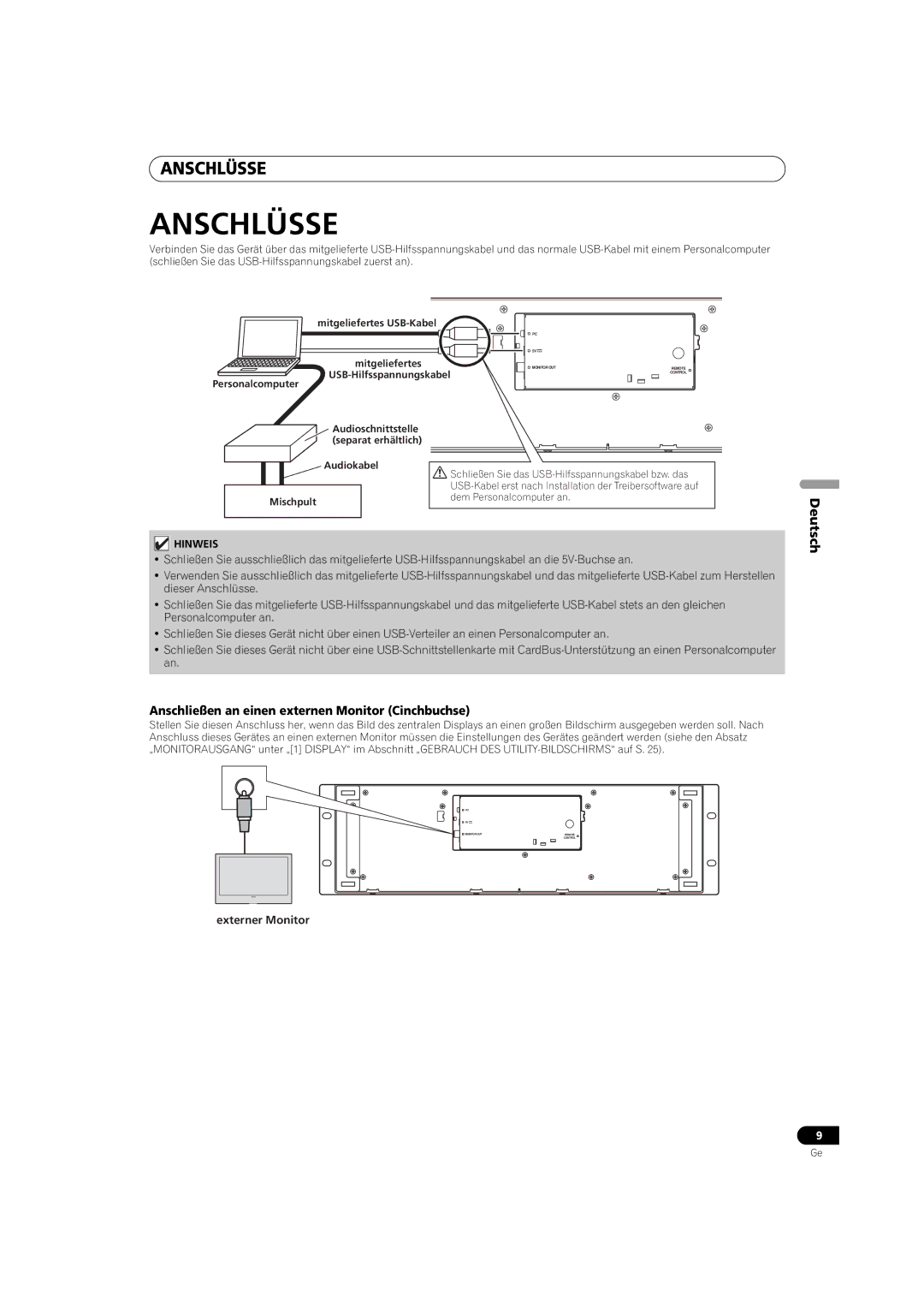 Pioneer SEP-C1 operating instructions Anschlüsse, Anschließen an einen externen Monitor Cinchbuchse, Externer Monitor 