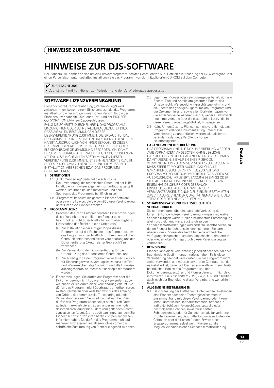 Pioneer SEP-C1 operating instructions Hinweise ZUR DJS-SOFTWARE, Software-Lizenzvereinbarung 