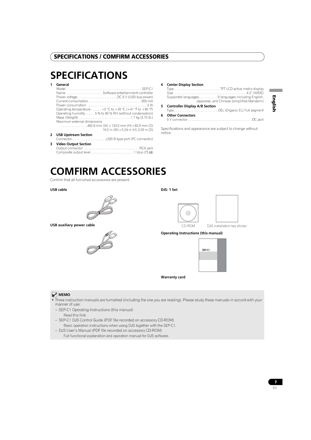 Pioneer SEP-C1 operating instructions Specifications, Comfirm Accessories 