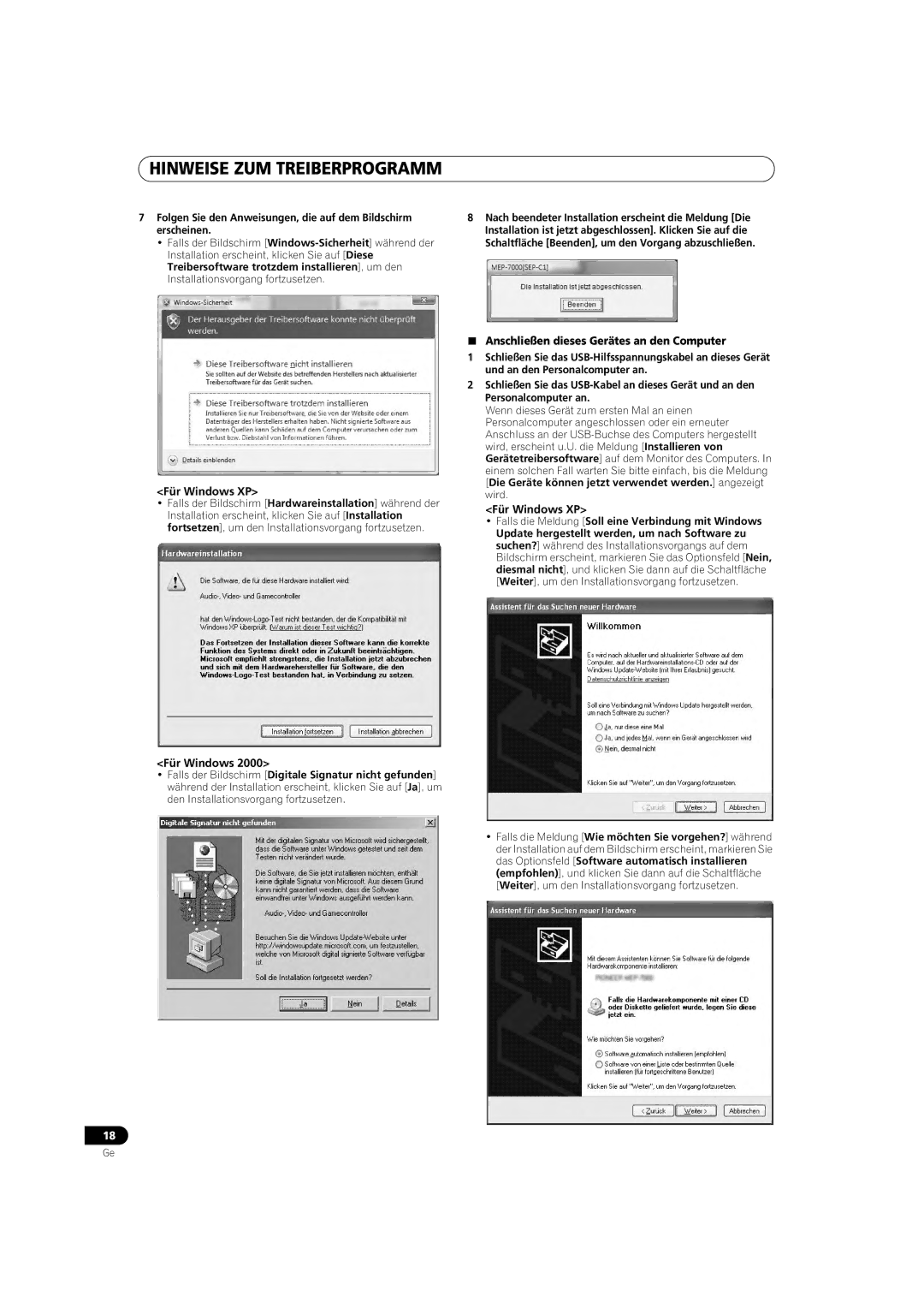 Pioneer SEP-C1 operating instructions Für Windows XP,  Anschließen dieses Gerätes an den Computer 