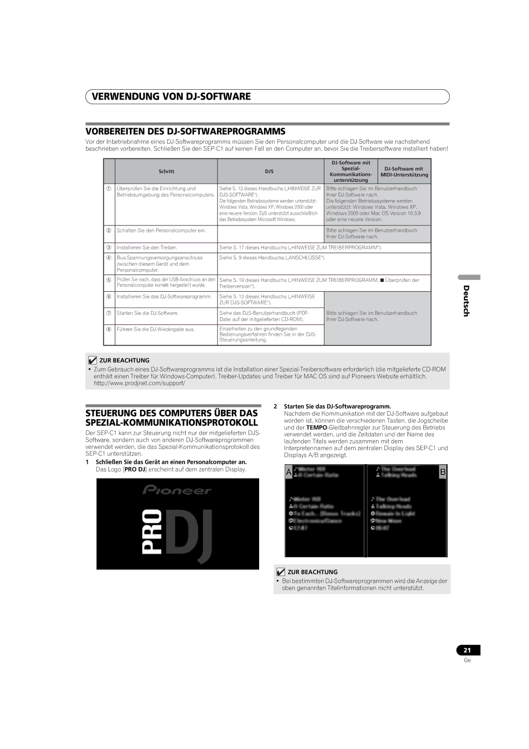 Pioneer SEP-C1 operating instructions Vorbereiten DES DJ-SOFTWAREPROGRAMMS, Starten Sie das DJ-Softwareprogramm 