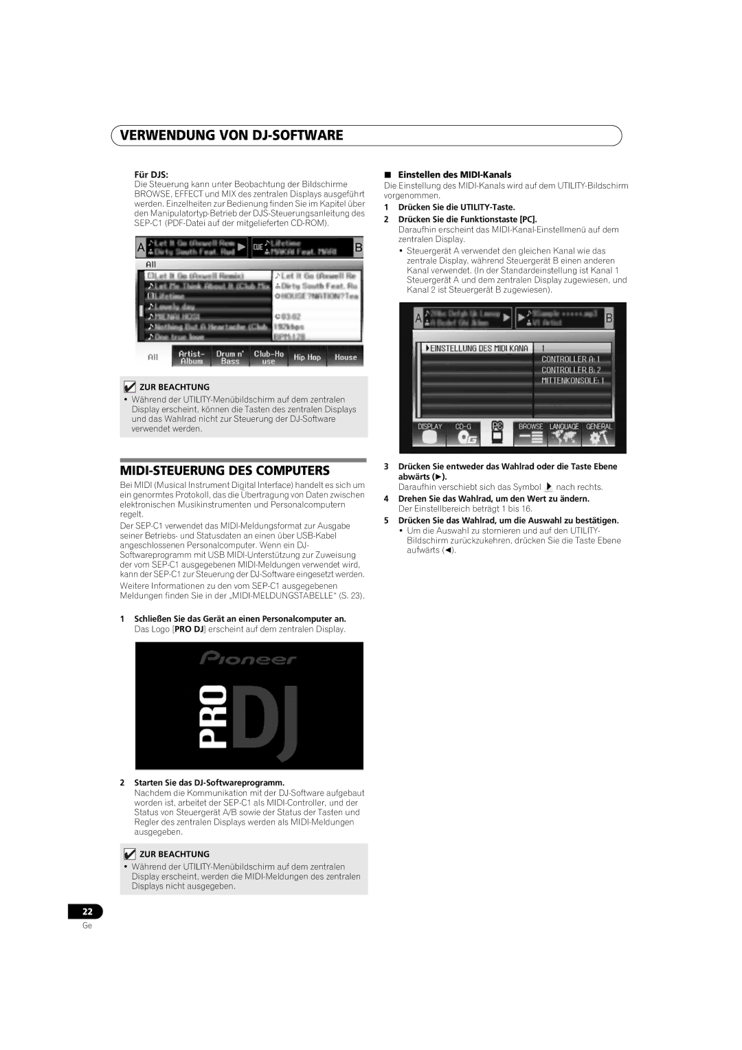 Pioneer SEP-C1 operating instructions MIDI-STEUERUNG DES Computers, Für DJS,  Einstellen des MIDI-Kanals 