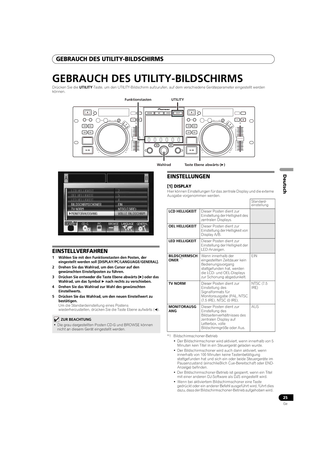 Pioneer SEP-C1 operating instructions Gebrauch DES UTILITY-BILDSCHIRMS, Einstellverfahren, Einstellungen 