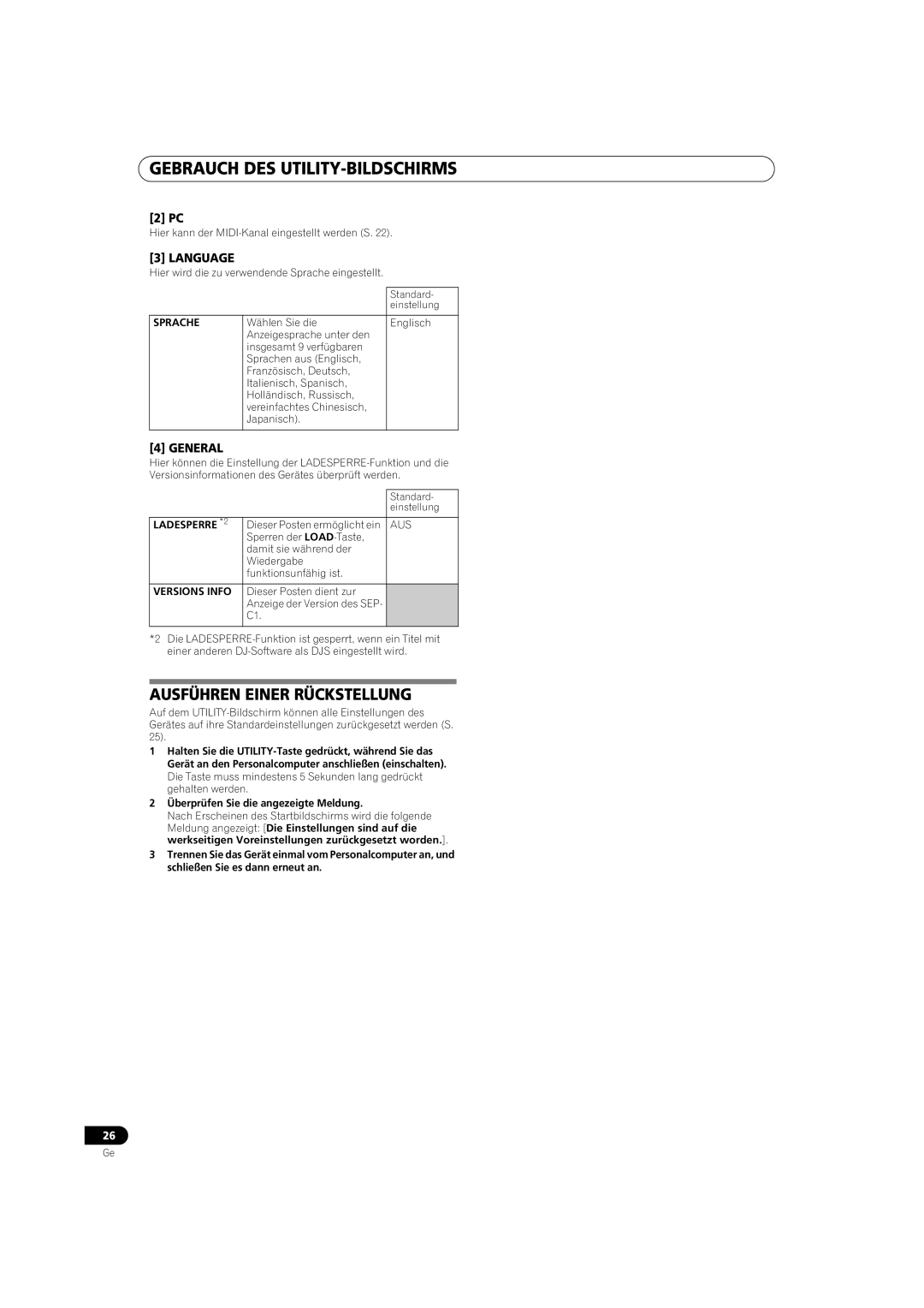 Pioneer SEP-C1 operating instructions Ausführen Einer Rückstellung, Sprache, Ladesperre *2, Versions Info 