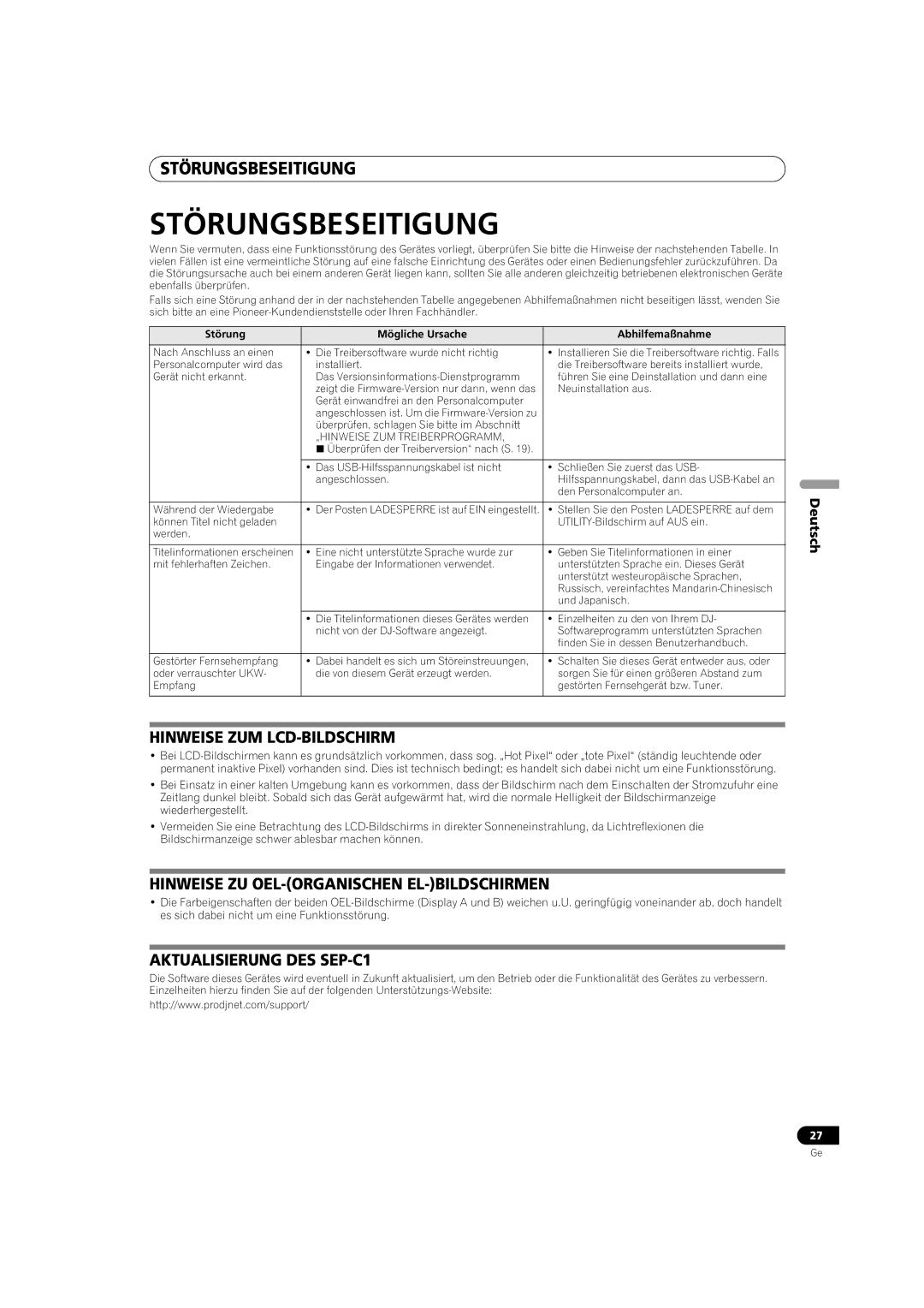 Pioneer SEP-C1 Störungsbeseitigung, Hinweise ZUM LCD-BILDSCHIRM, Hinweise ZU OEL-ORGANISCHEN EL-BILDSCHIRMEN 