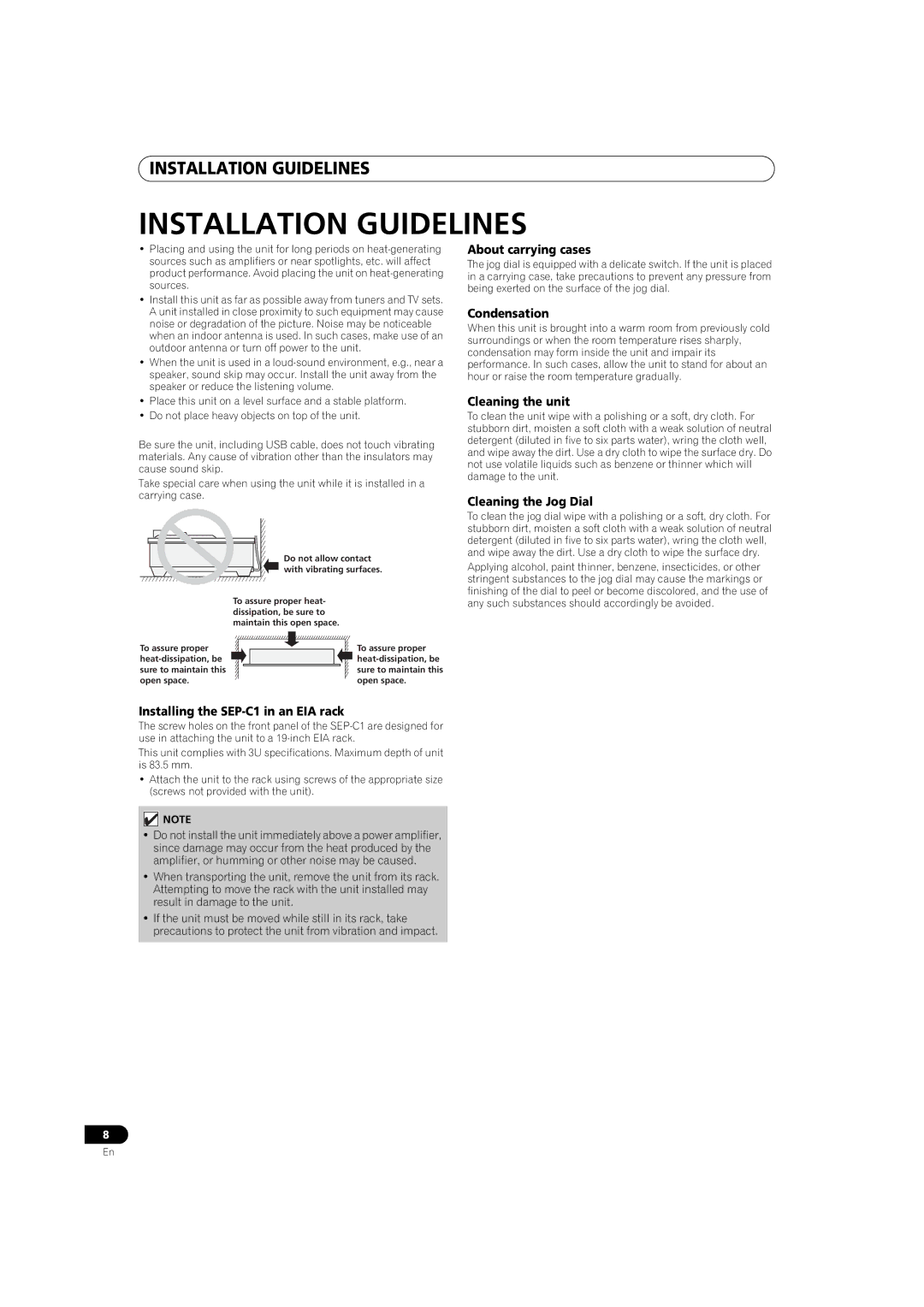 Pioneer SEP-C1 operating instructions Installation Guidelines 