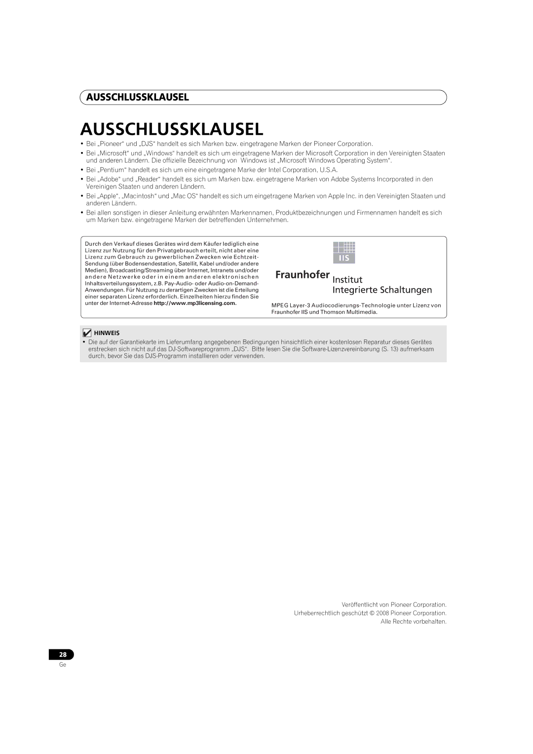 Pioneer SEP-C1 operating instructions Ausschlussklausel, Hinweis 