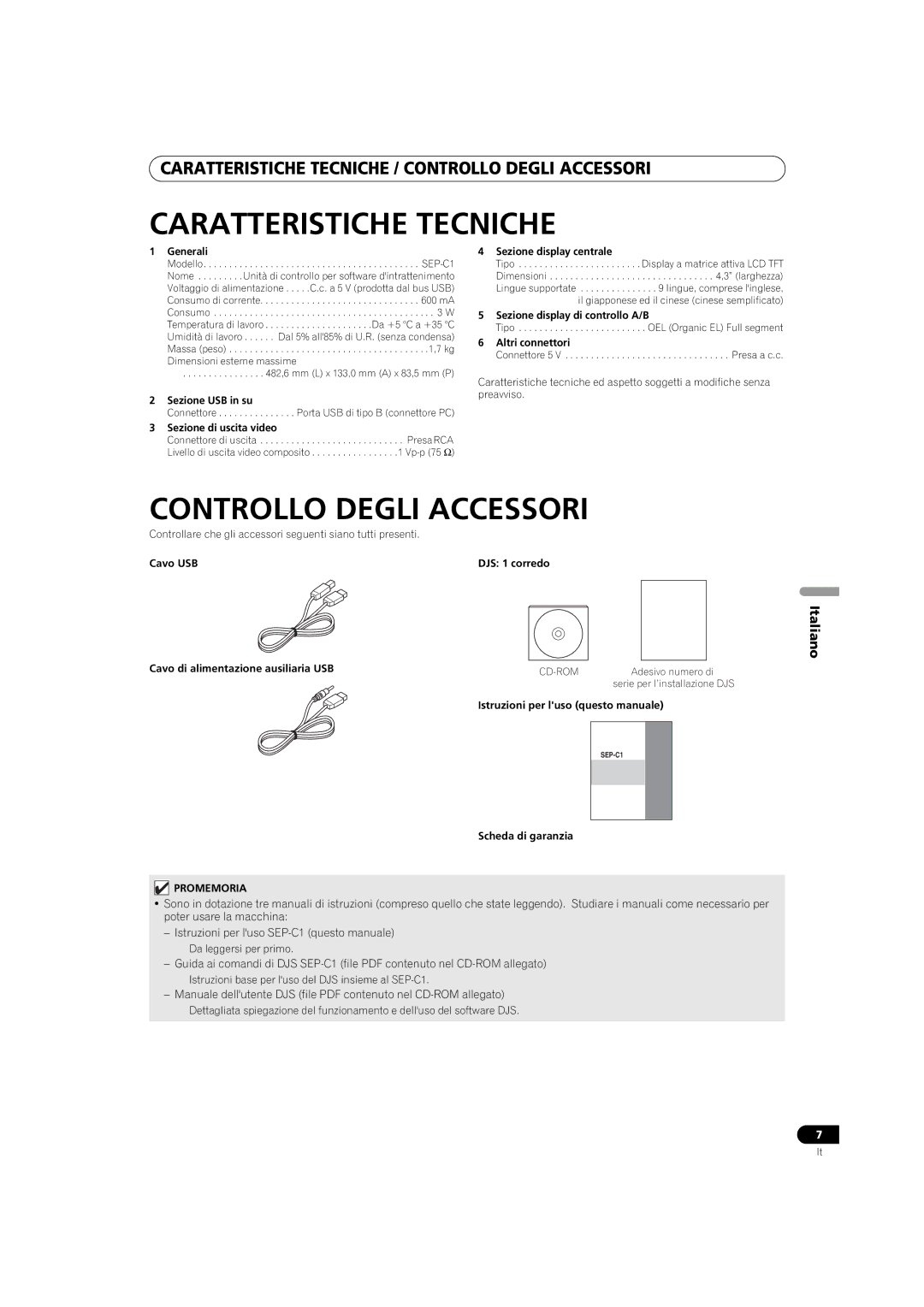 Pioneer SEP-C1 operating instructions Caratteristiche Tecniche, Controllo Degli Accessori 