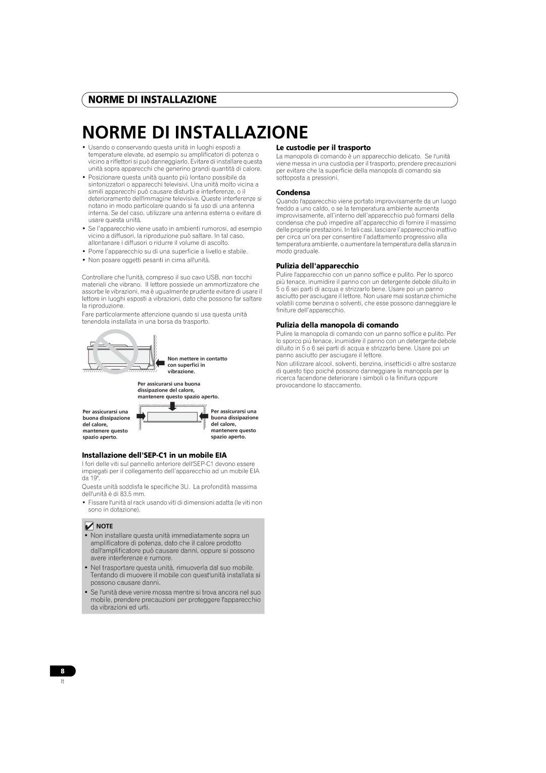 Pioneer SEP-C1 operating instructions Norme DI Installazione 