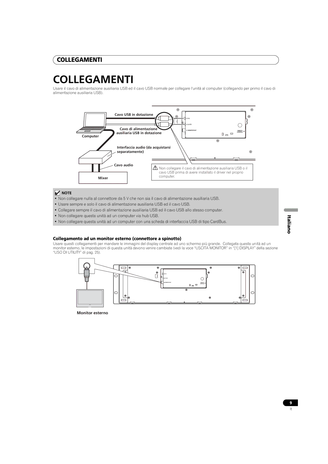 Pioneer SEP-C1 Collegamenti, Collegamento ad un monitor esterno connettore a spinotto, Monitor esterno, Cavo audio 