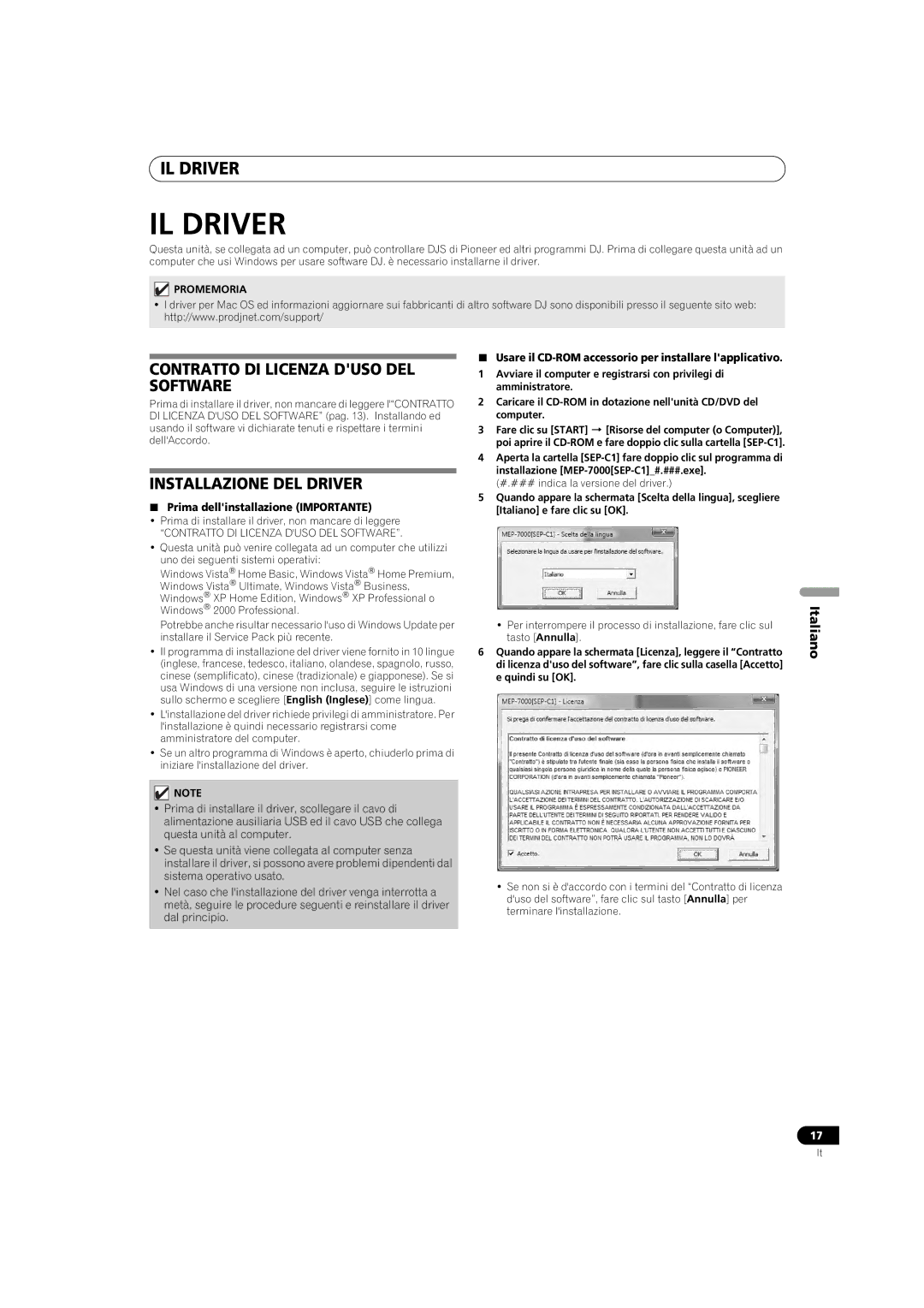 Pioneer SEP-C1 operating instructions IL Driver, Contratto DI Licenza Duso DEL Software, Installazione DEL Driver 