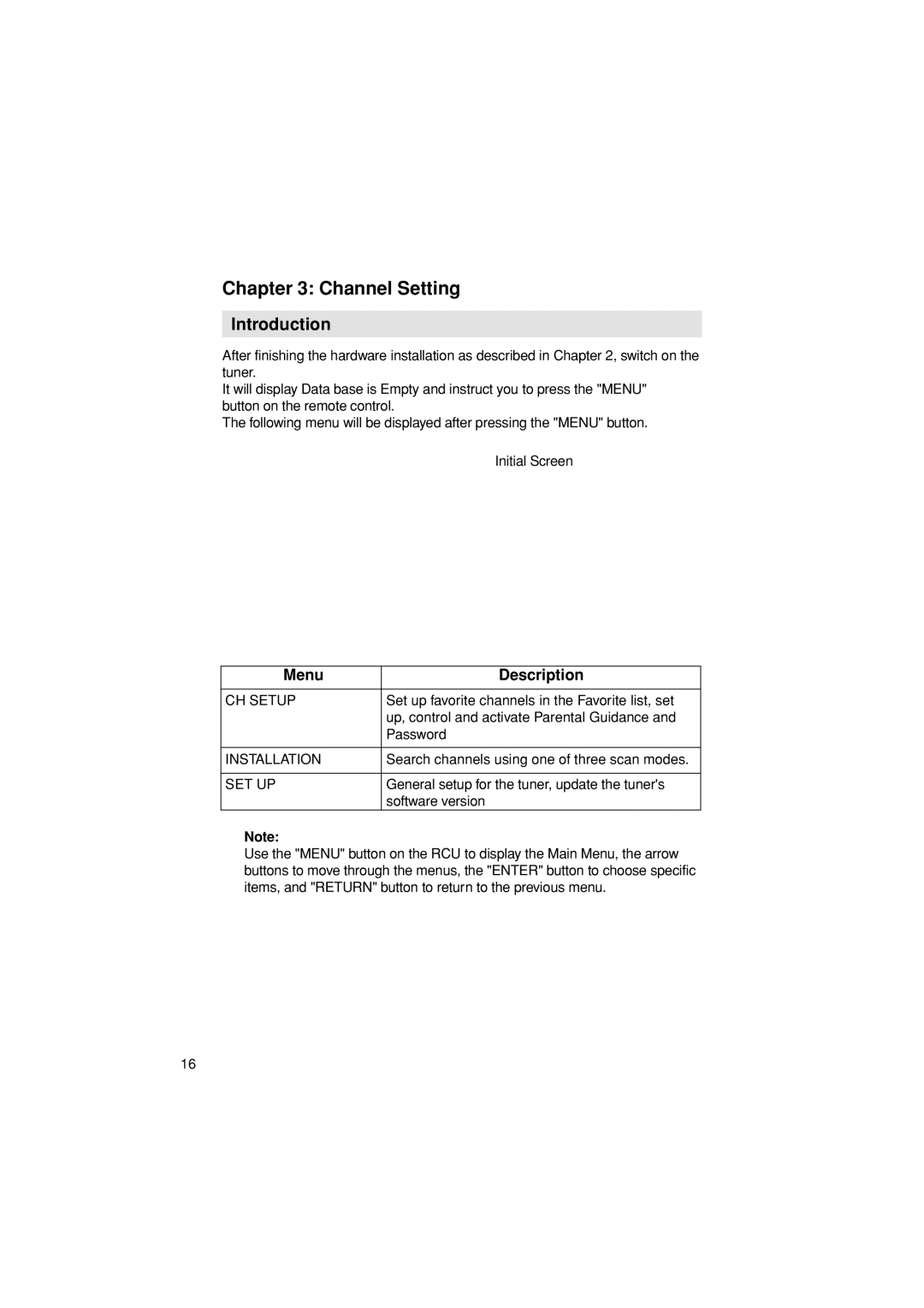 Pioneer SH-DT510 manual Channel Setting, Menu Description 