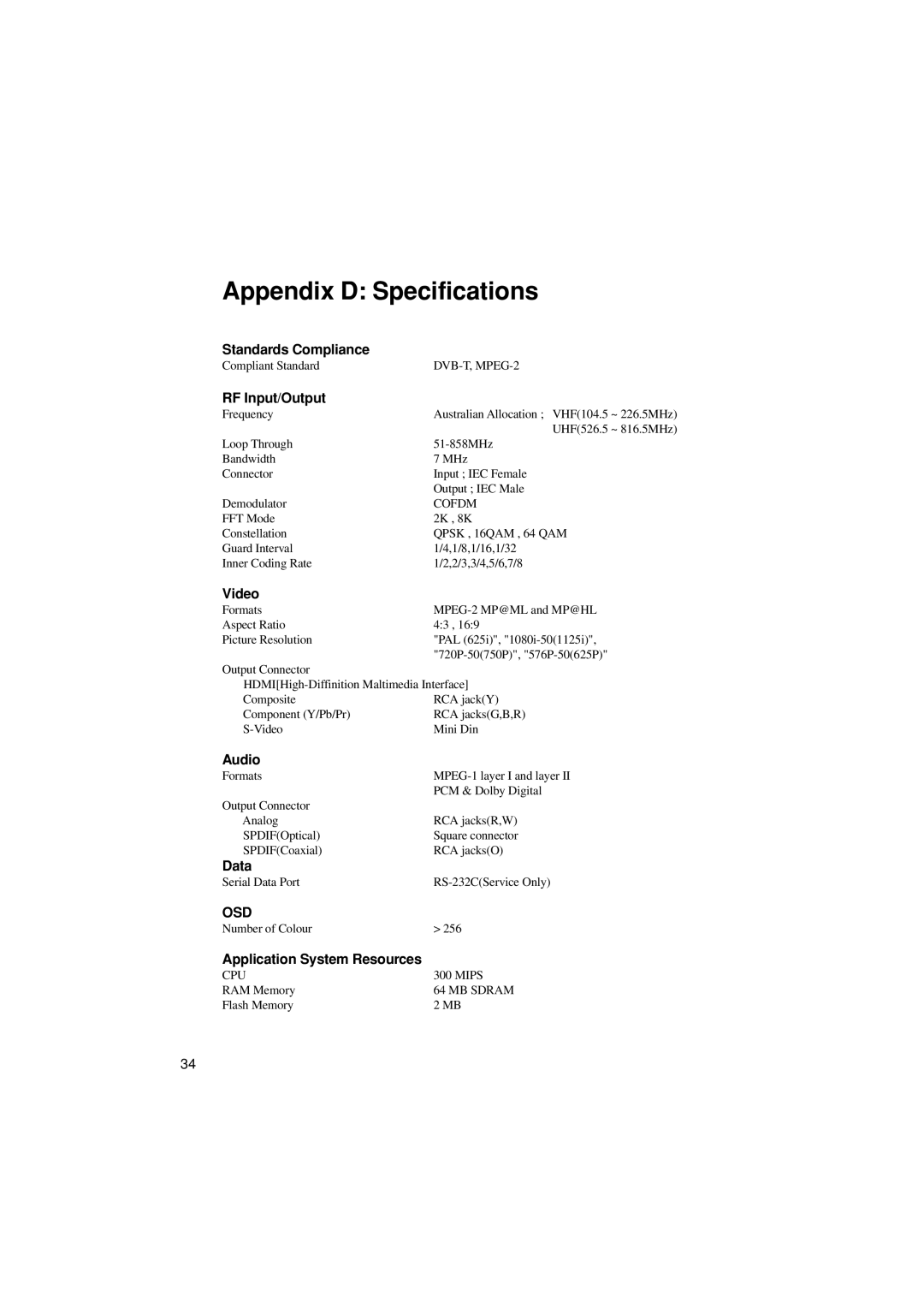 Pioneer SH-DT510 manual Appendix D Specifications 