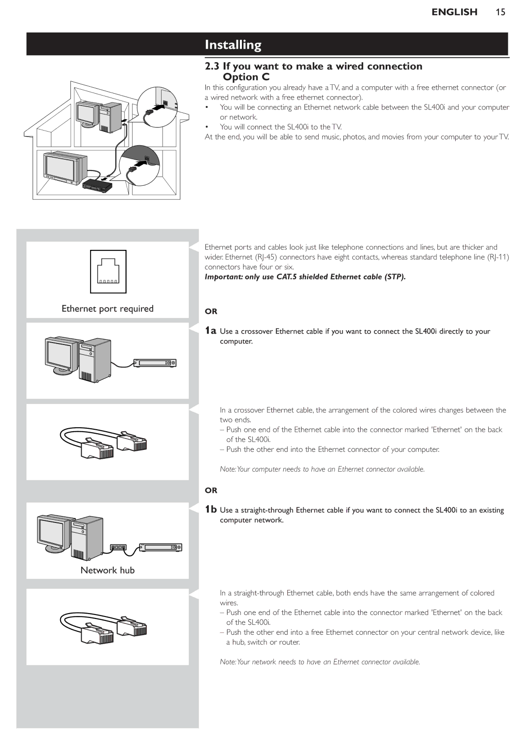 Pioneer SL400I manual If you want to make a wired connection Option C, Important only use CAT.5 shielded Ethernet cable STP 