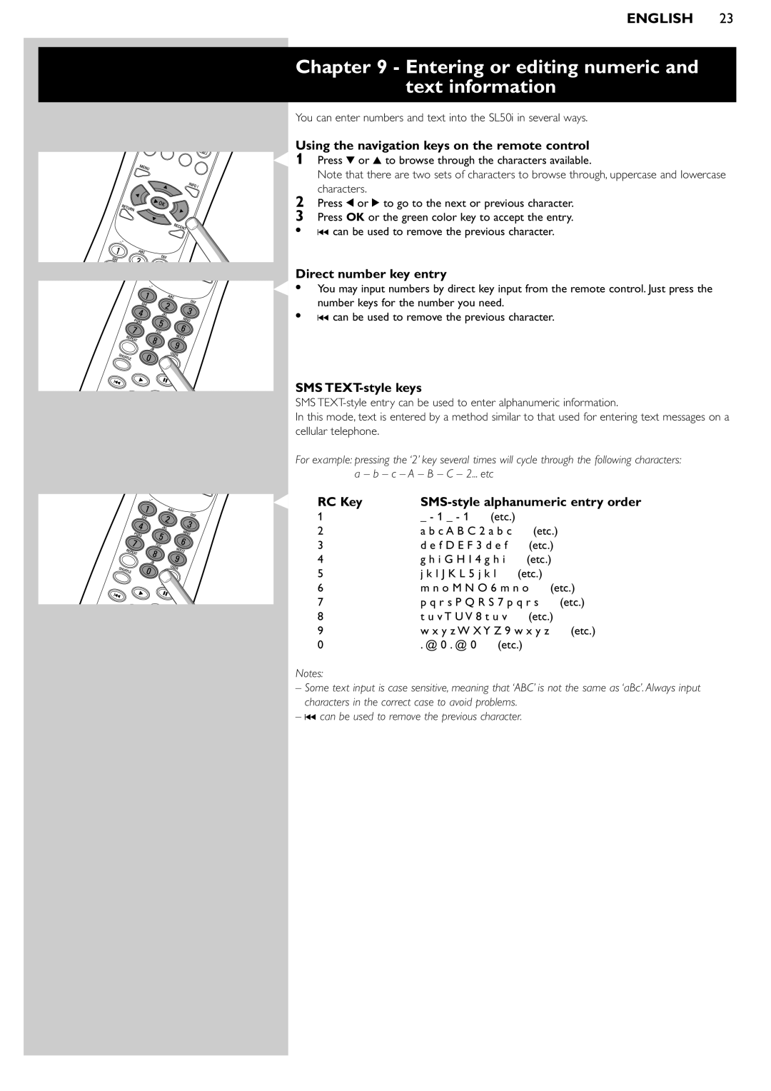 Pioneer SL50I Entering or editing numeric and text information, Using the navigation keys on the remote control, RC Key 