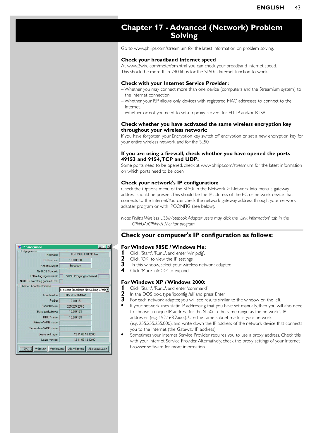 Pioneer SL50I Advanced Network Problem Solving, Check your computers IP configuration as follows, For Windows XP / Windows 