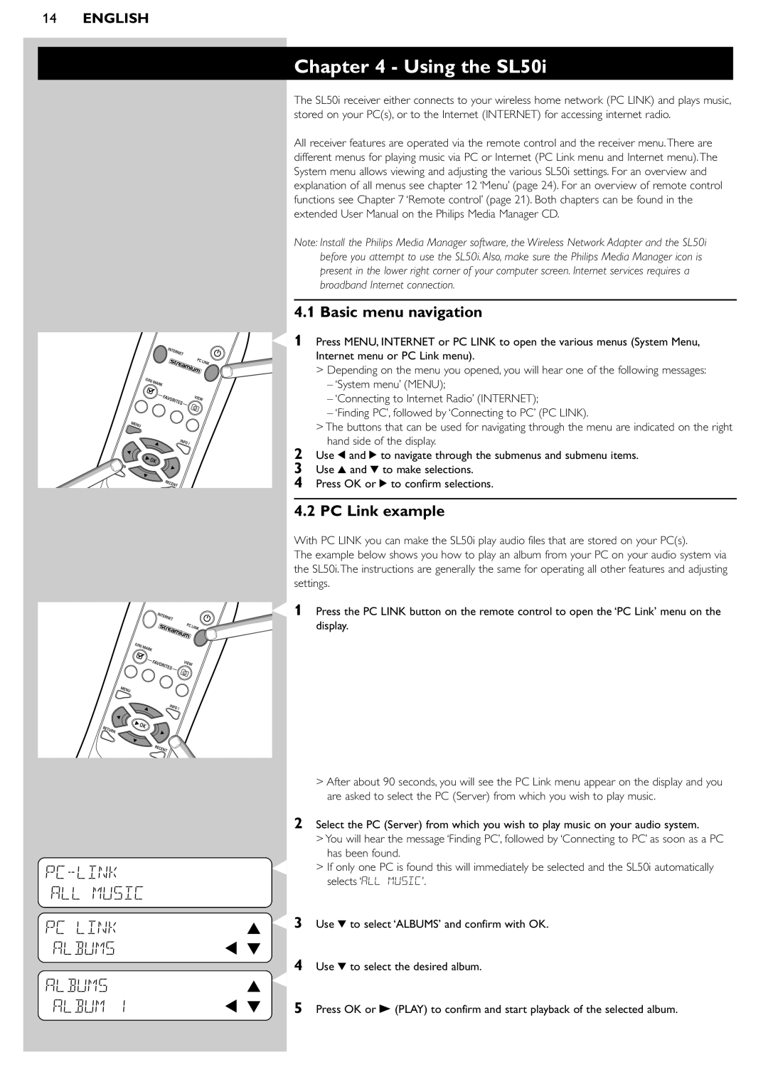 Pioneer SL50I manual Using the SL50i, Albums Album, Basic menu navigation, PC Link example, English 