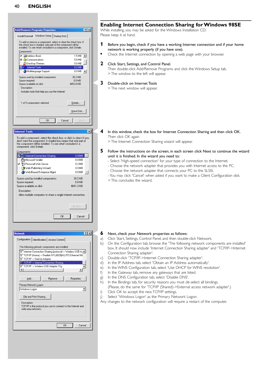 Pioneer SL50I manual Enabling Internet Connection Sharing for Windows 98SE, English 