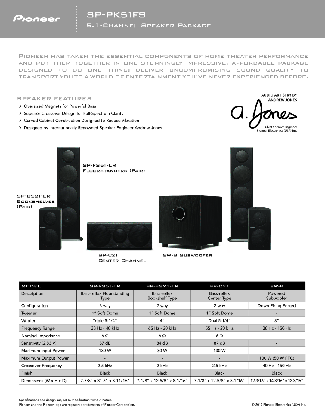 Pioneer SP-PK51FS, SP-FS51-LR specifications Channel Speaker Package, Speaker Features 